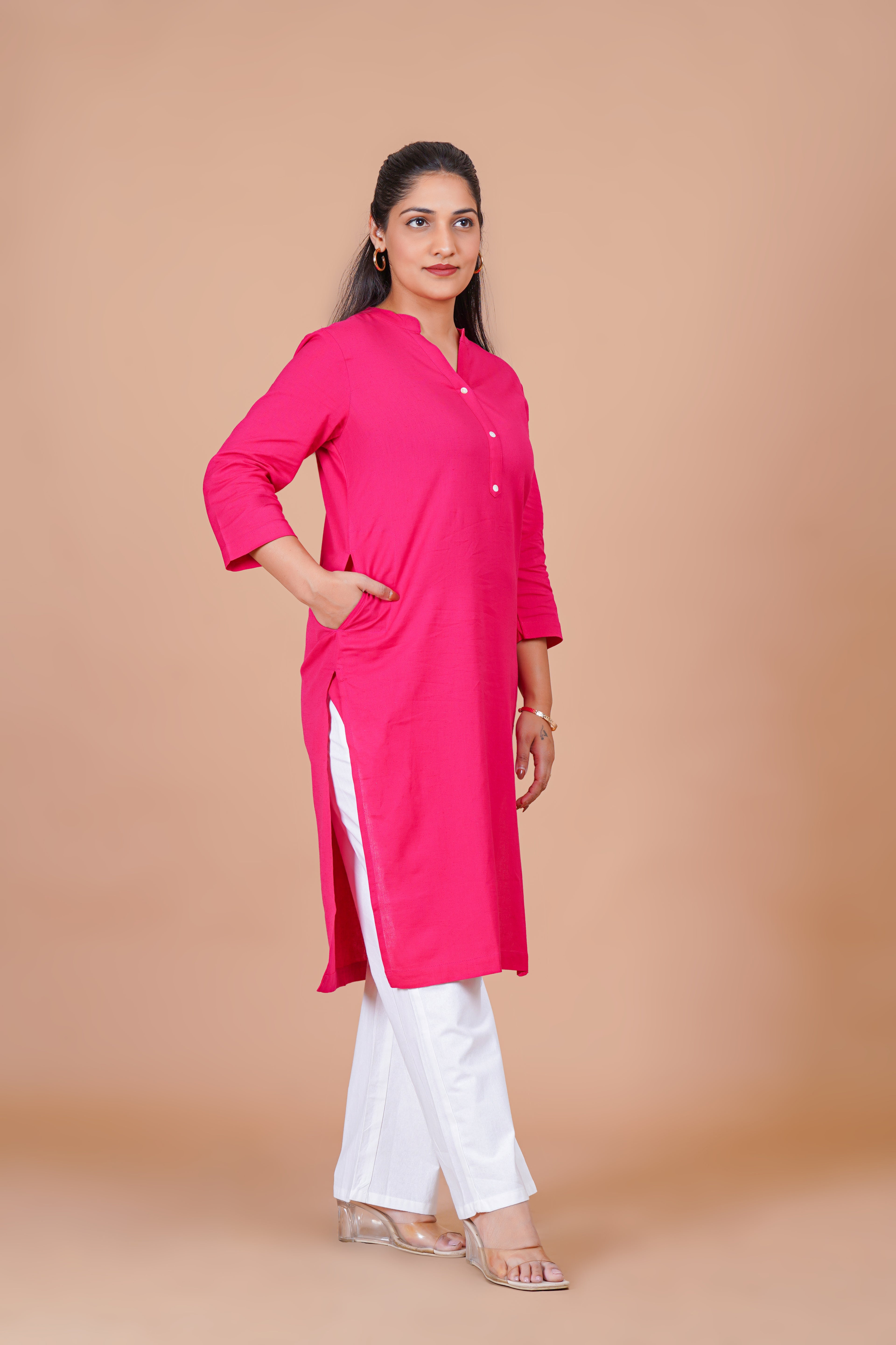 Hot Pink EasyFlow Linen Cotton Long Kurta
