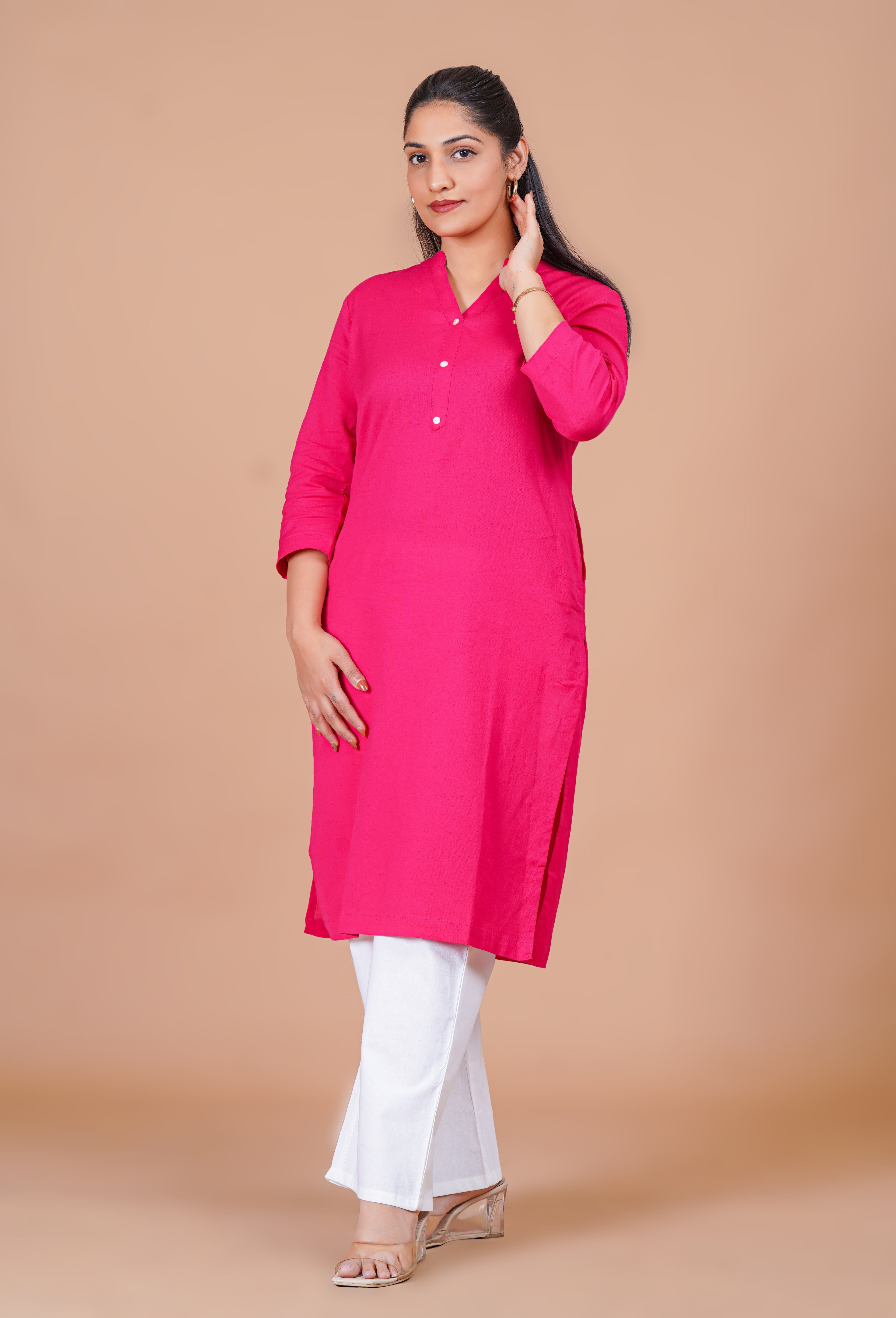 Hot Pink EasyFlow Linen Cotton Long Kurta
