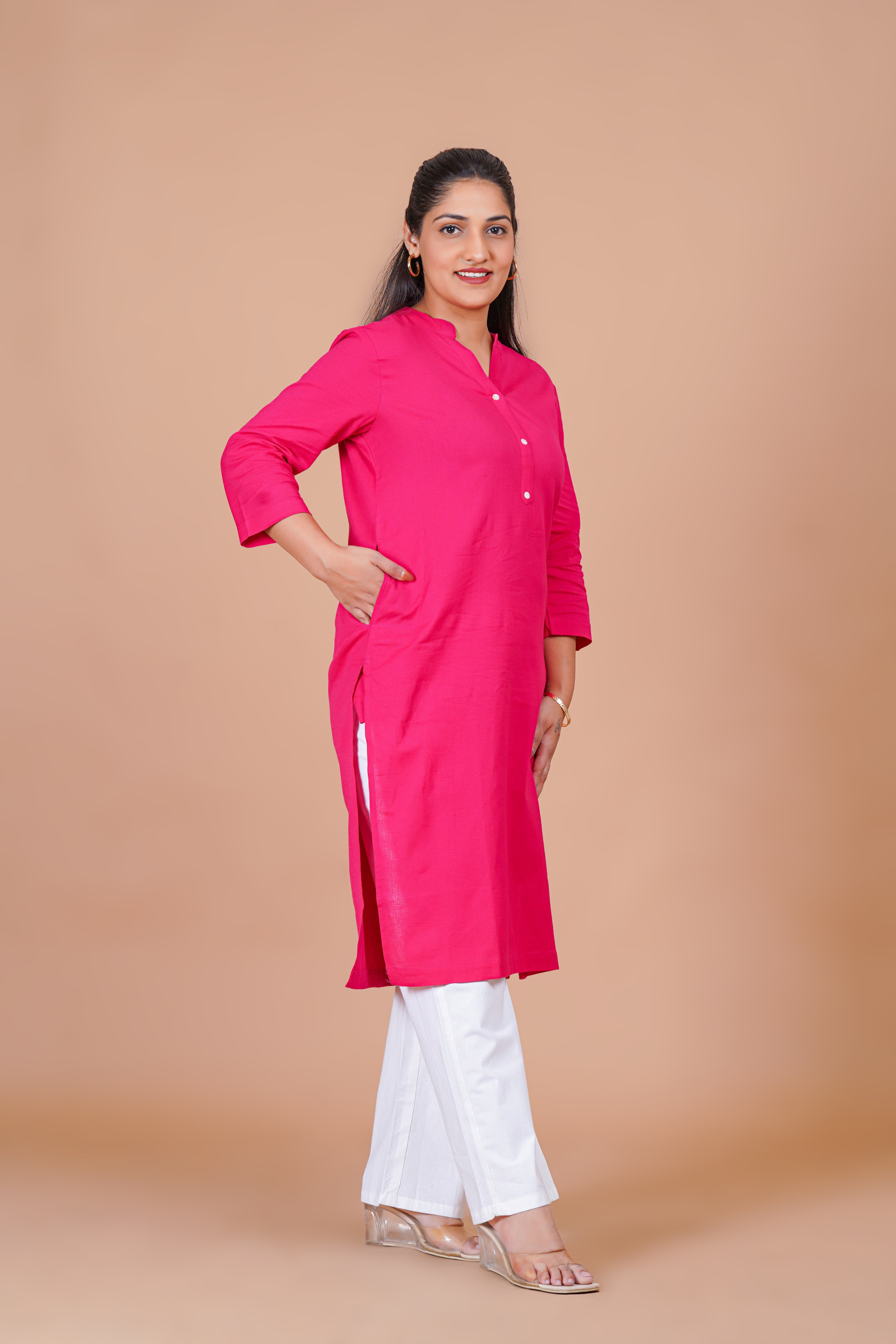 Hot Pink EasyFlow Linen Cotton Long Kurta