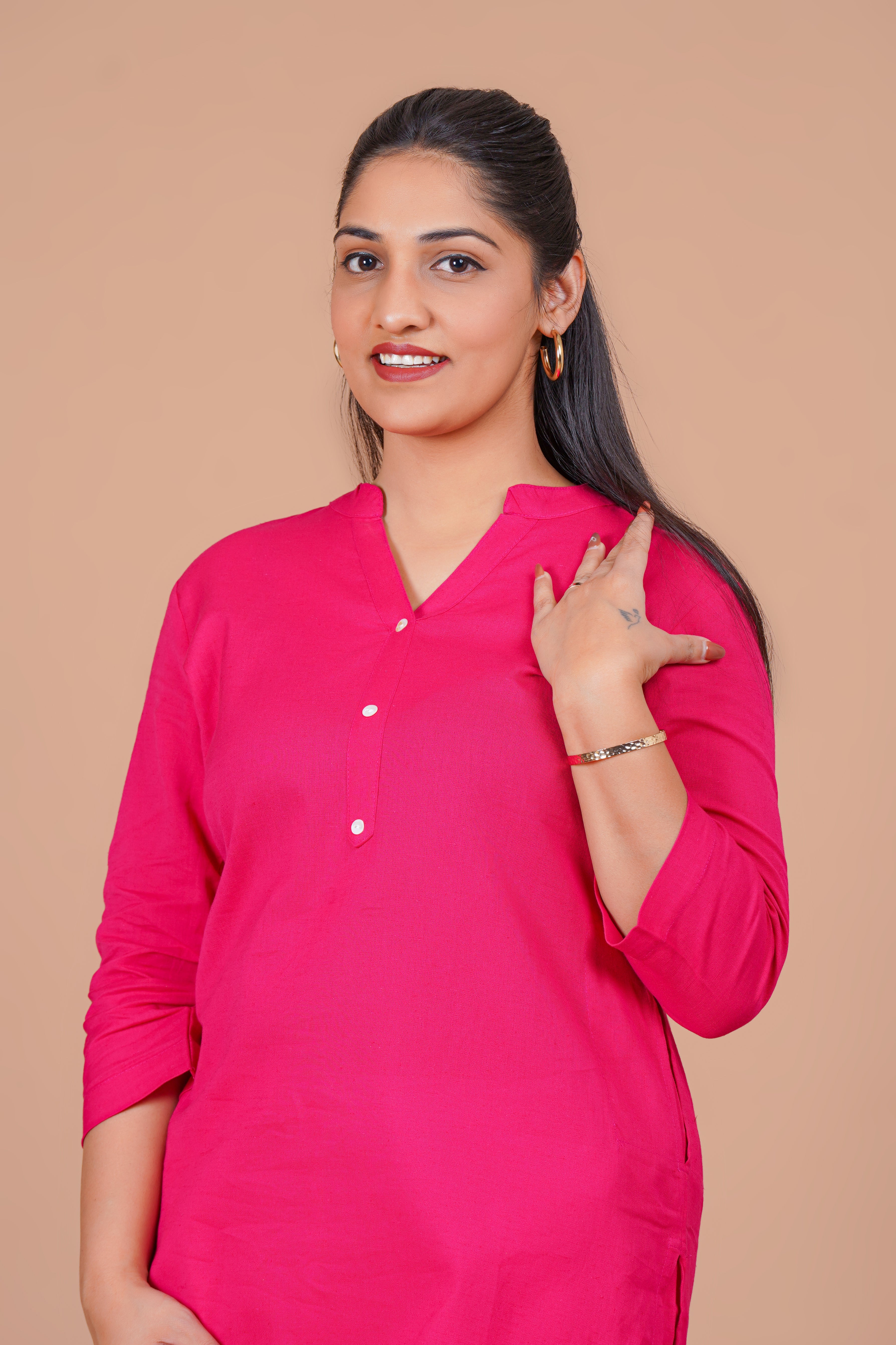 Hot Pink EasyFlow Linen Cotton Long Kurta