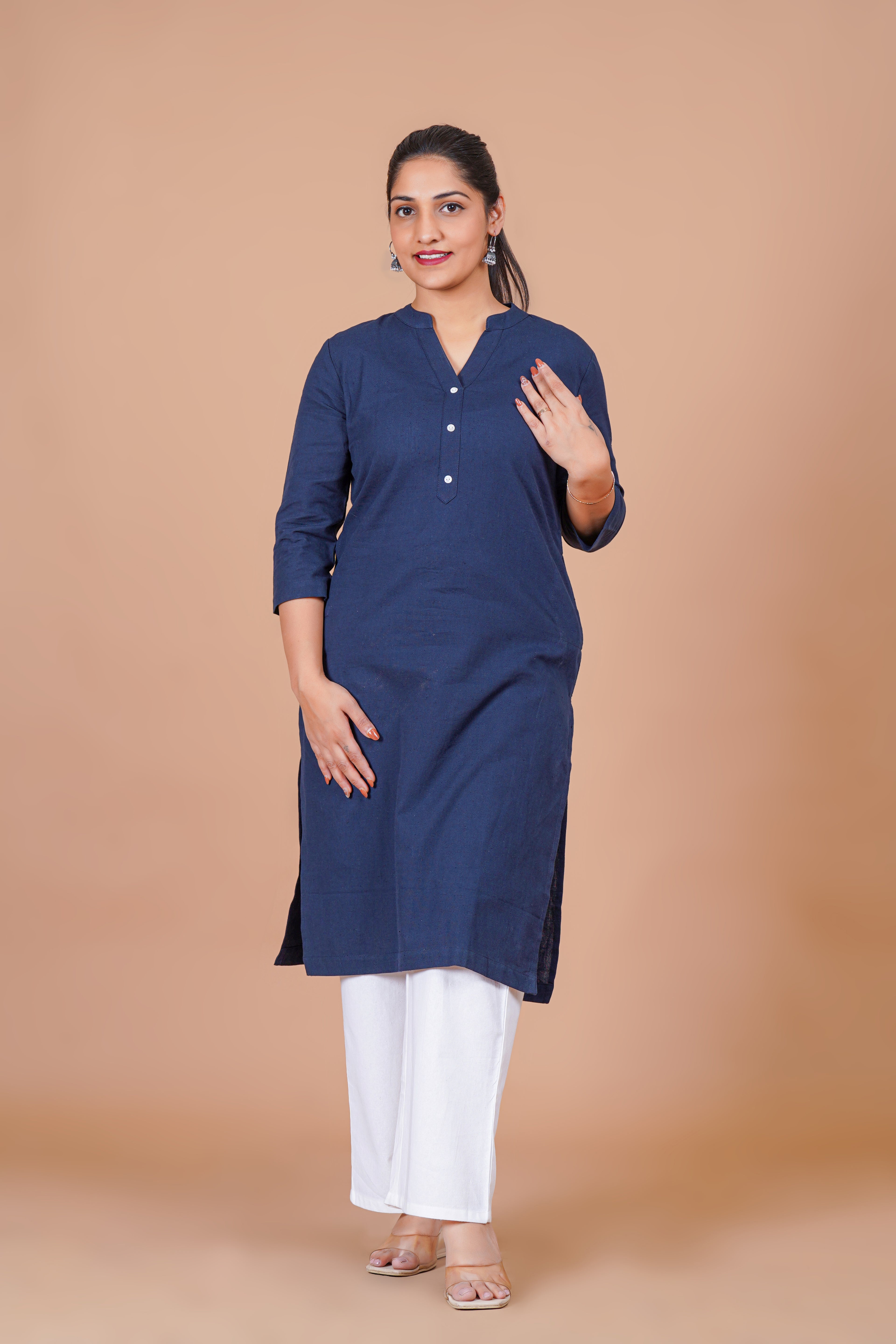 Navy Blue EasyFlow Linen Cotton Long Kurta