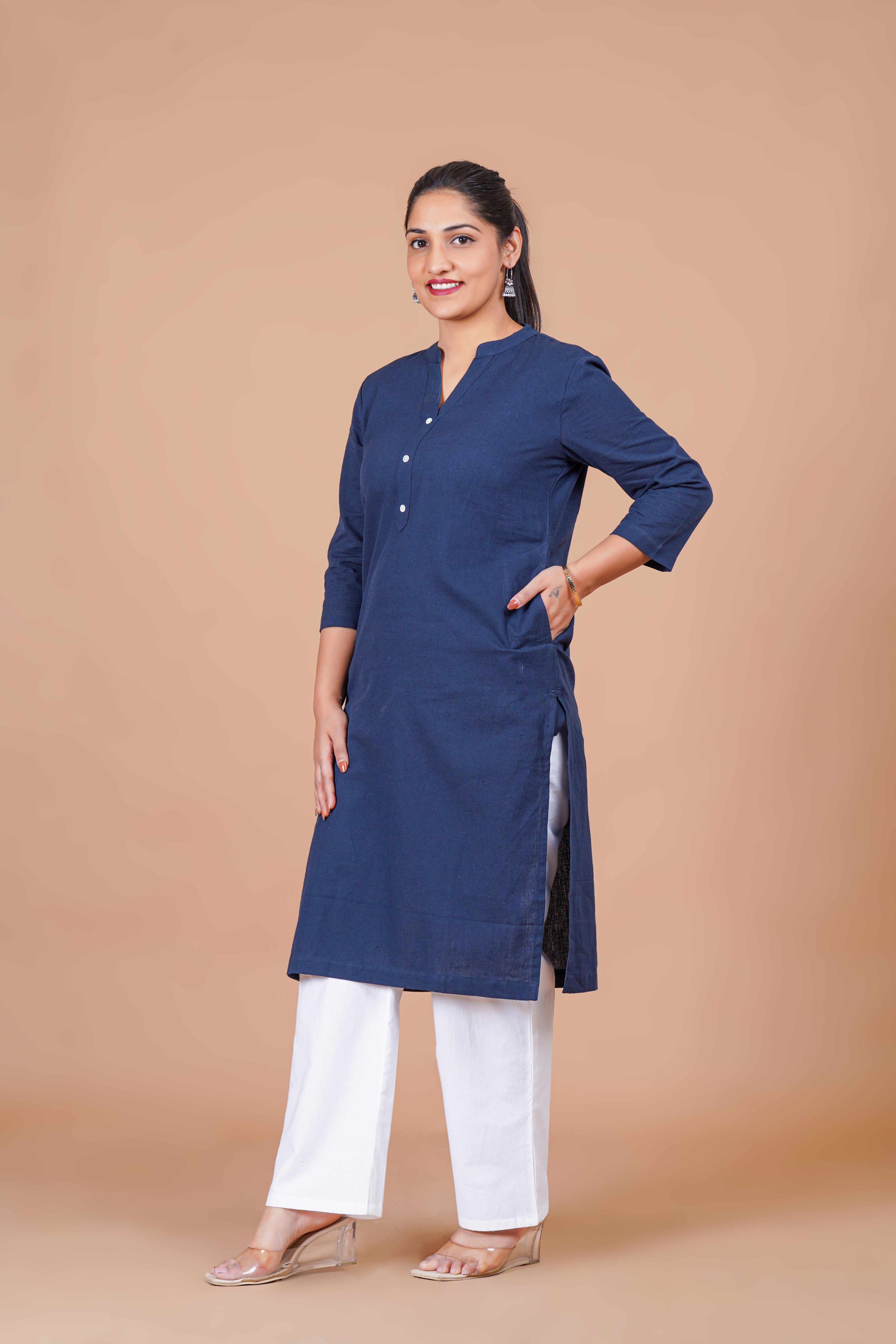 Navy Blue EasyFlow Linen Cotton Long Kurta