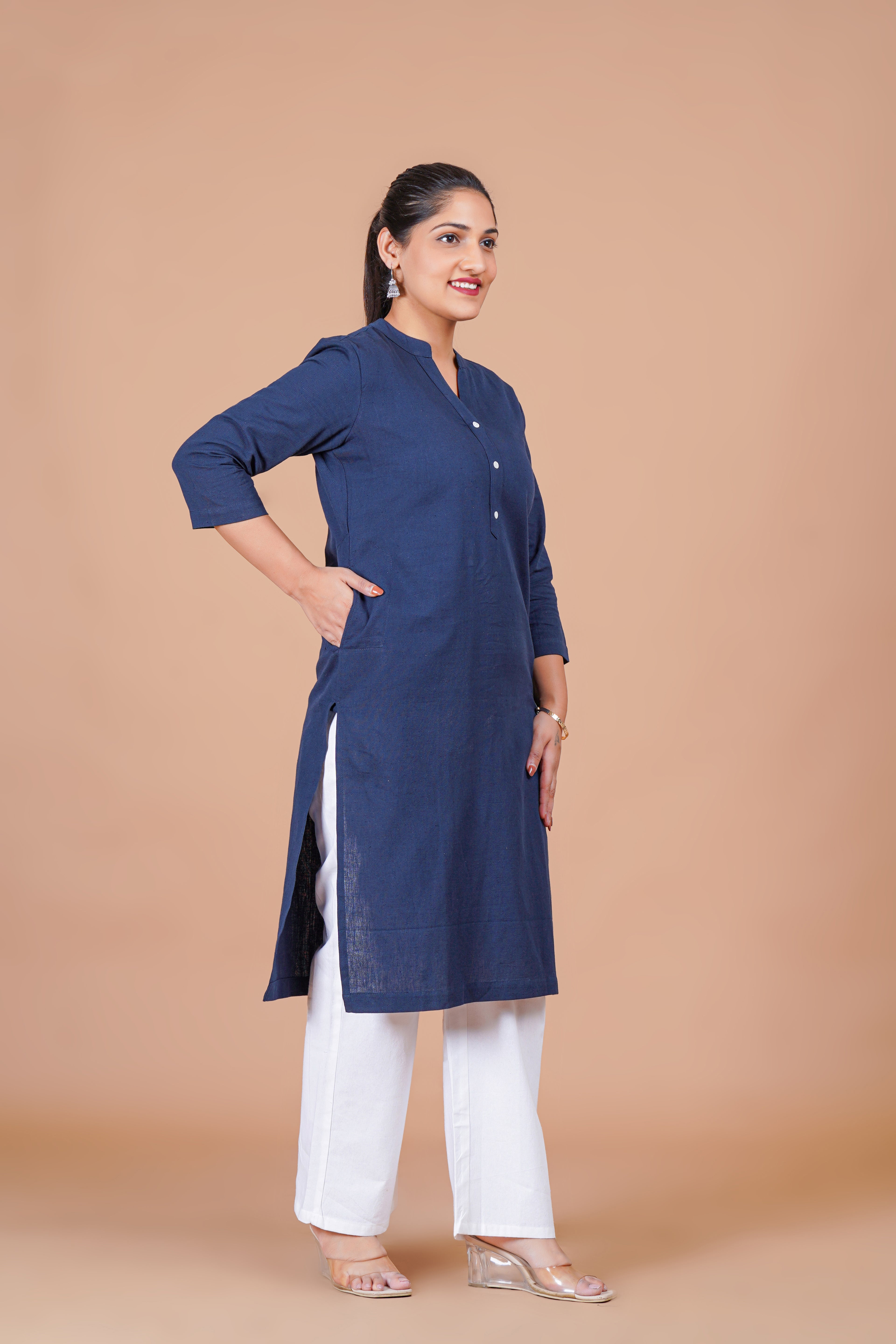 Navy Blue EasyFlow Linen Cotton Long Kurta