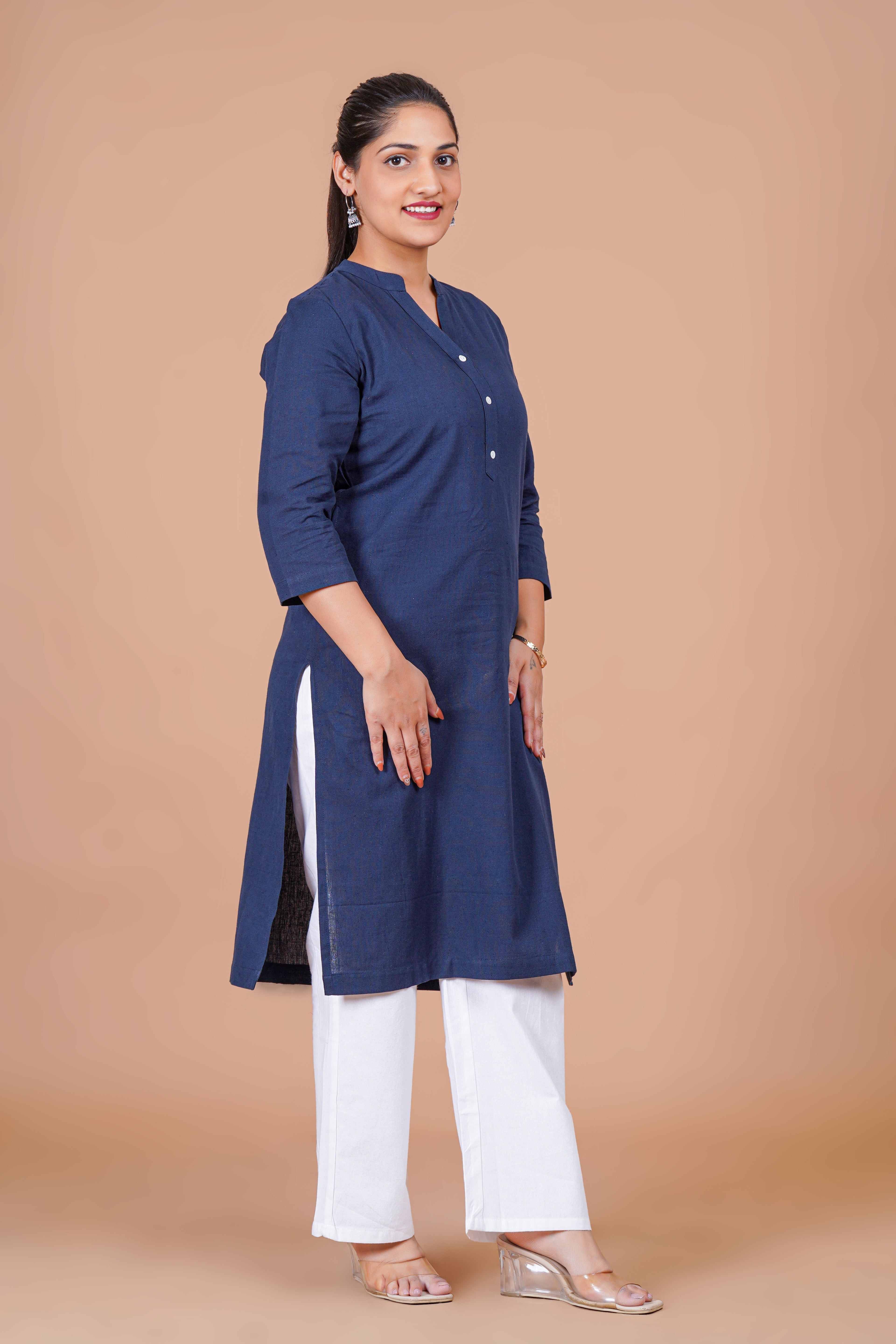 Navy Blue EasyFlow Linen Cotton Long Kurta