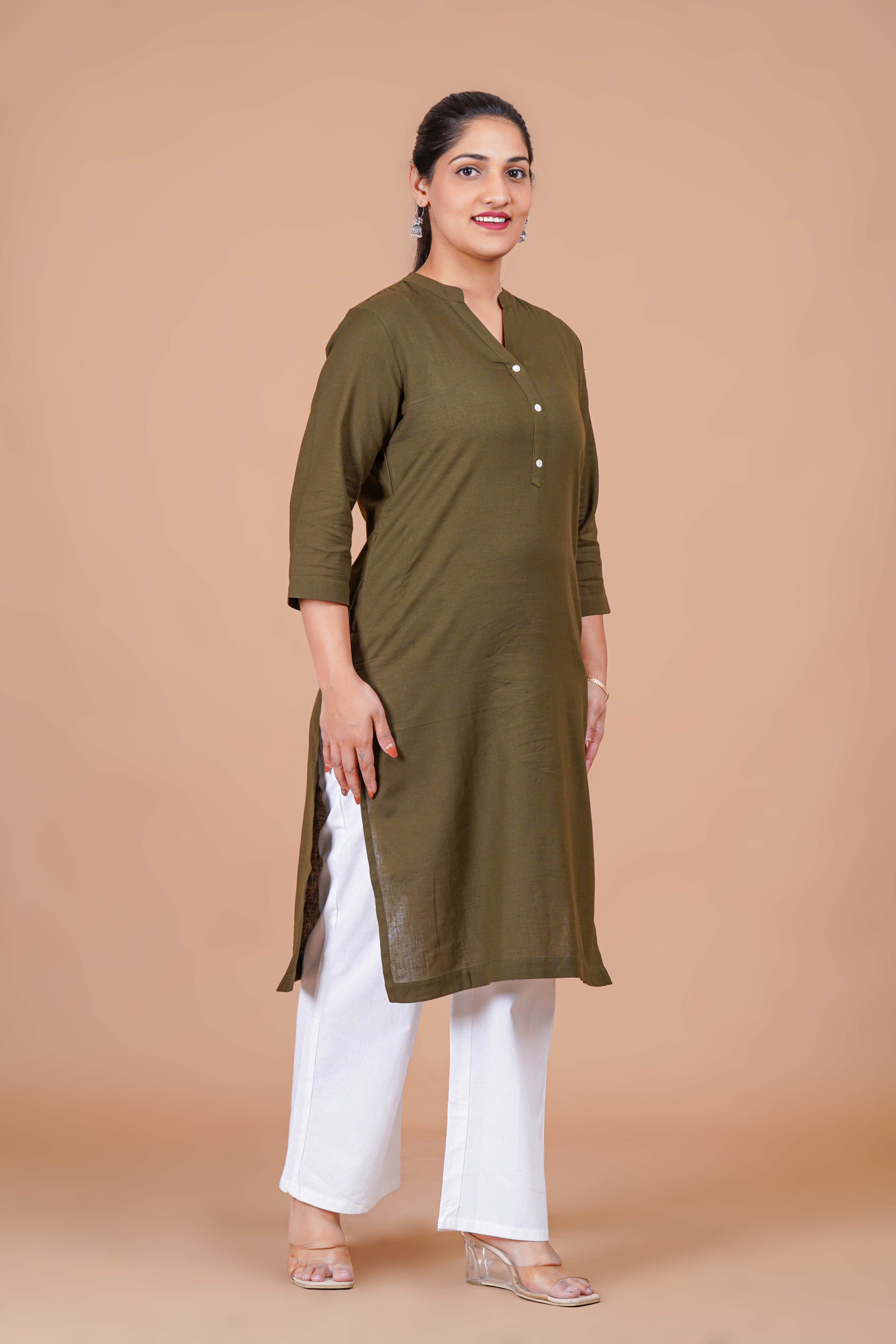 Olive Green EasyFlow Linen Cotton Long Kurta
