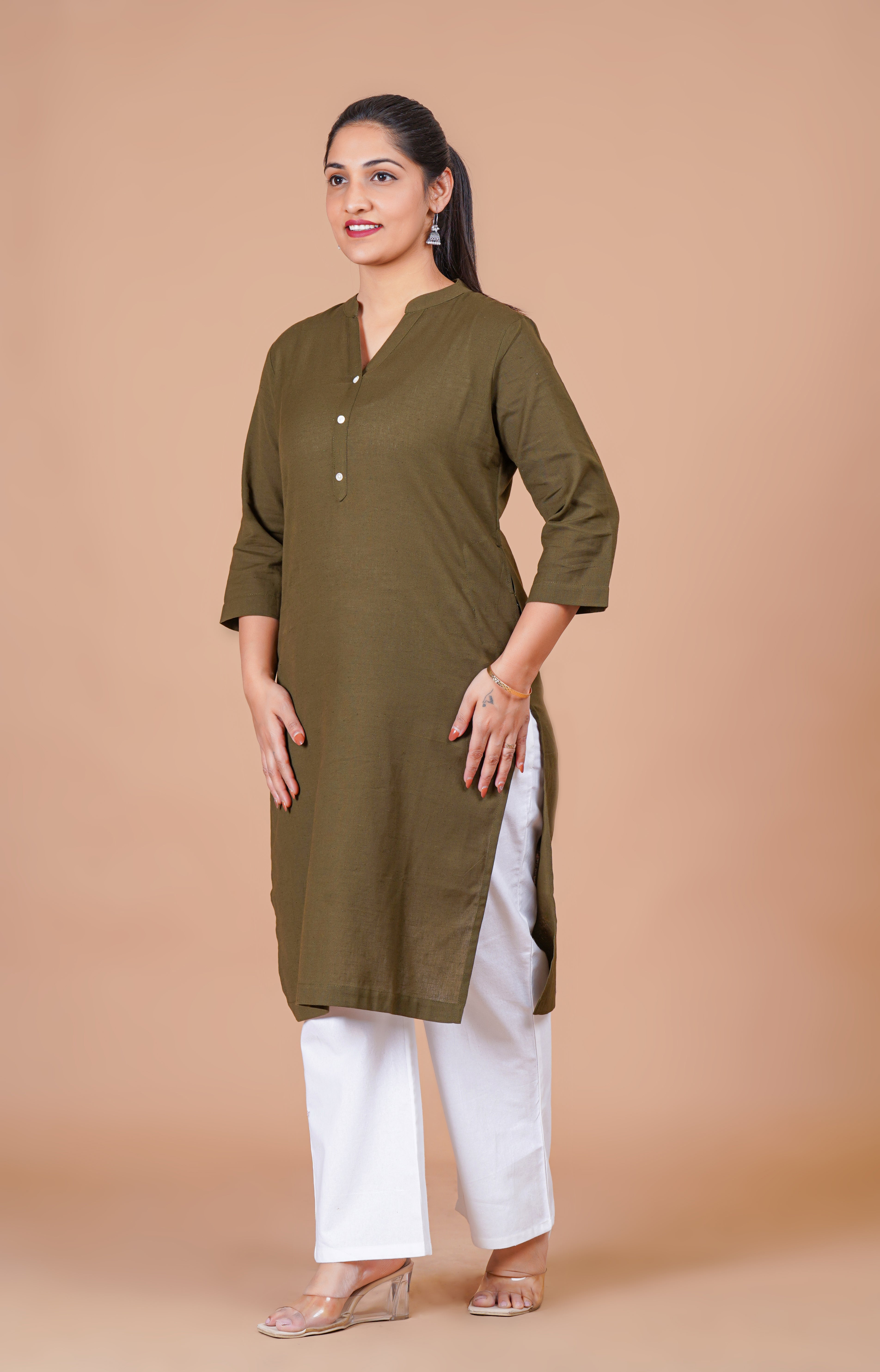 Olive Green EasyFlow Linen Cotton Long Kurta