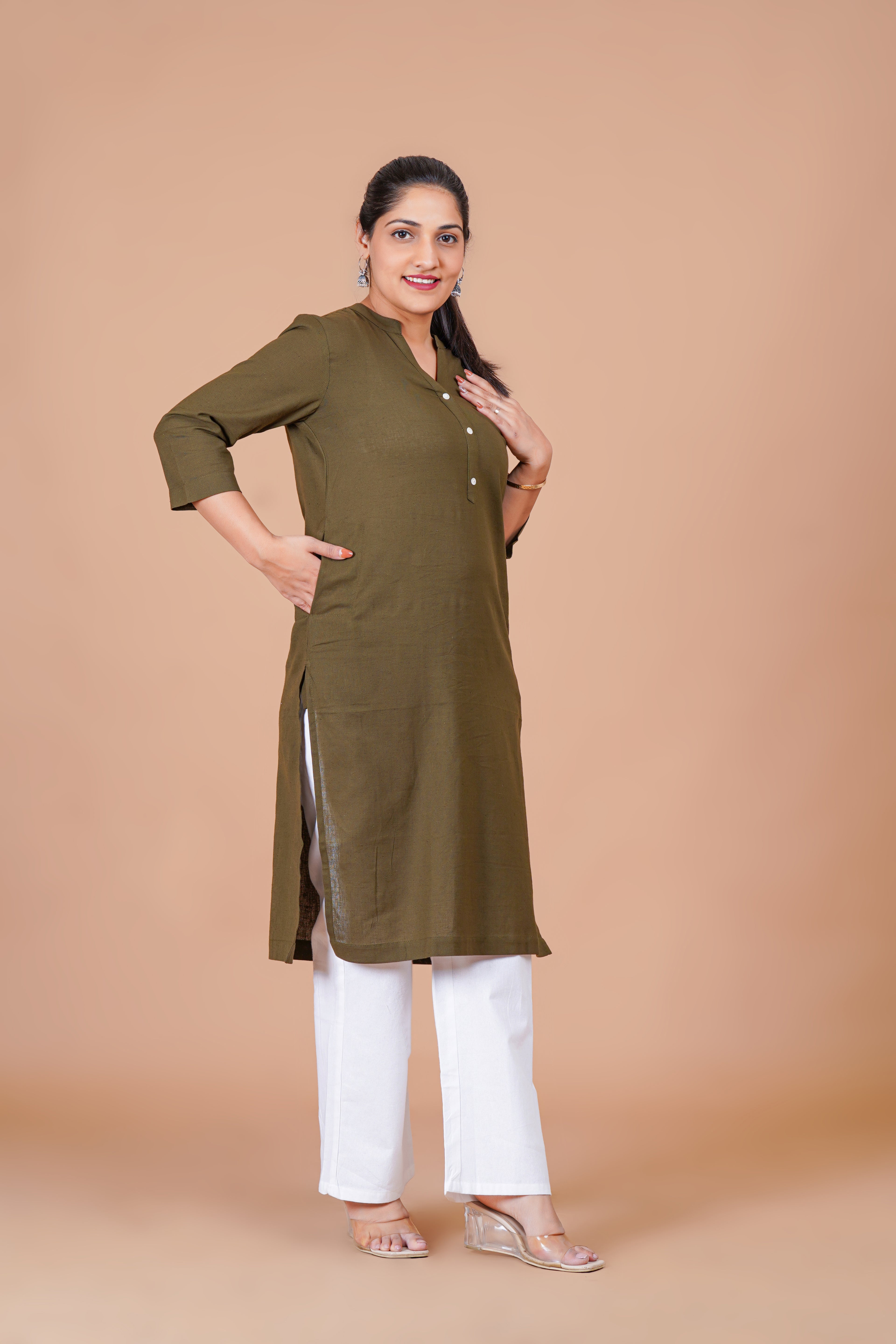 Olive Green EasyFlow Linen Cotton Long Kurta
