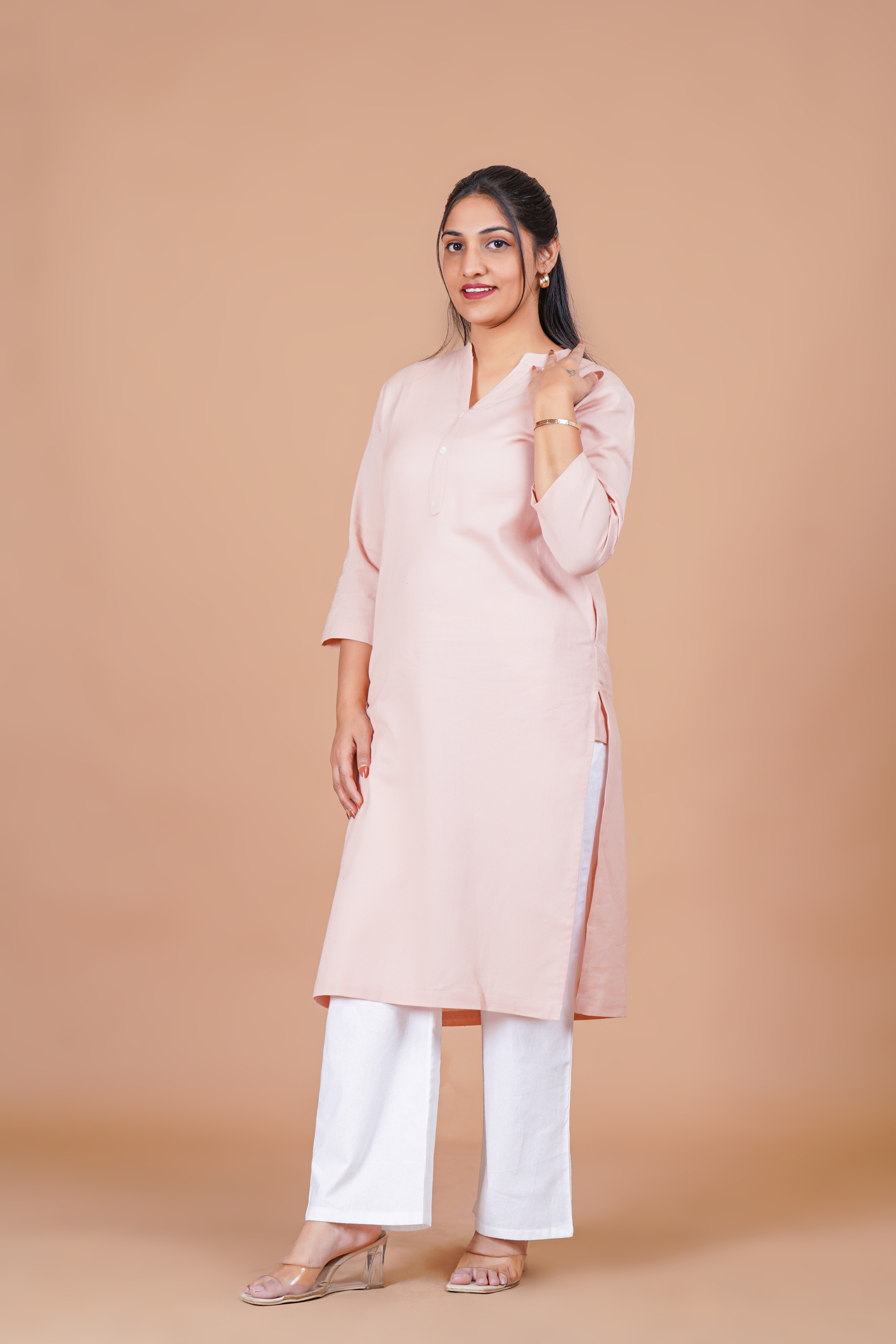 Peach Linen EasyFlow Linen Cotton Long Kurta