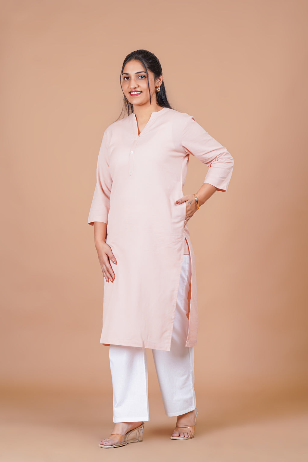 Peach Linen EasyFlow Linen Cotton Long Kurta