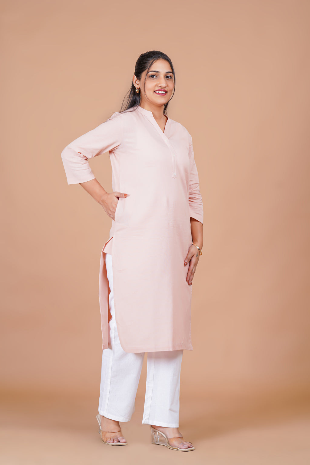 Peach Linen EasyFlow Linen Cotton Long Kurta