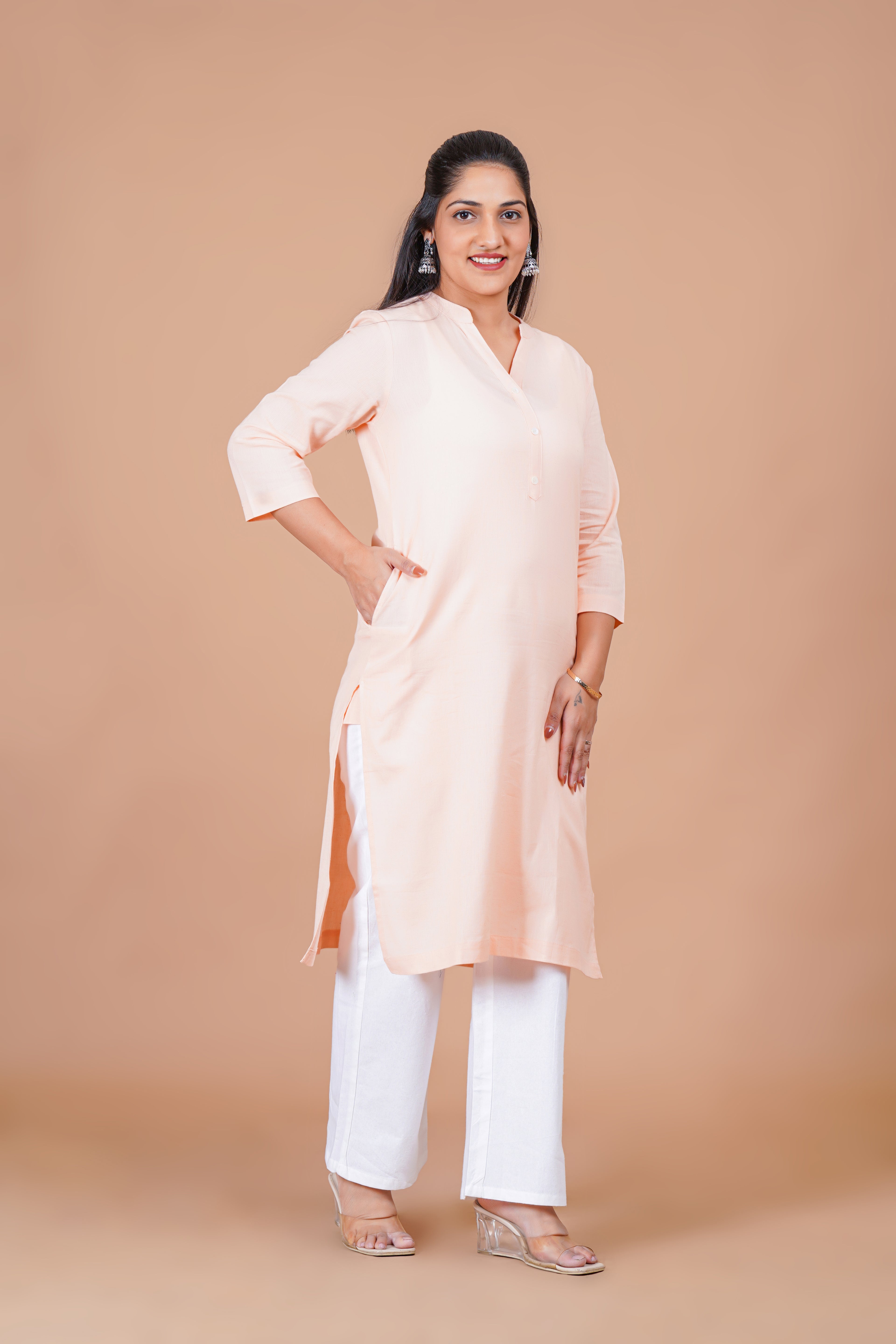 Salmon Pink EasyFlow Linen Cotton Long Kurta
