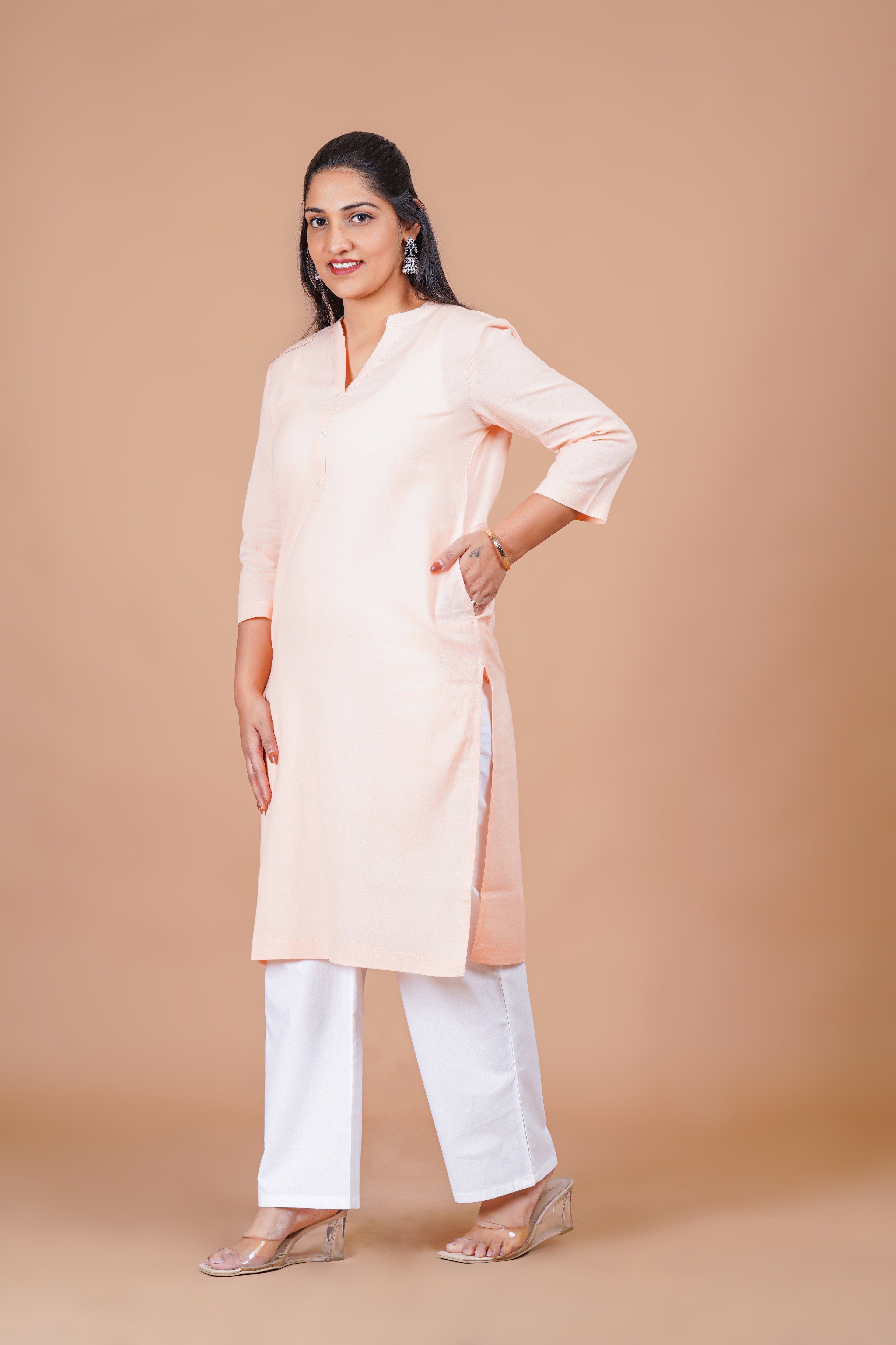 Salmon Pink EasyFlow Linen Cotton Long Kurta