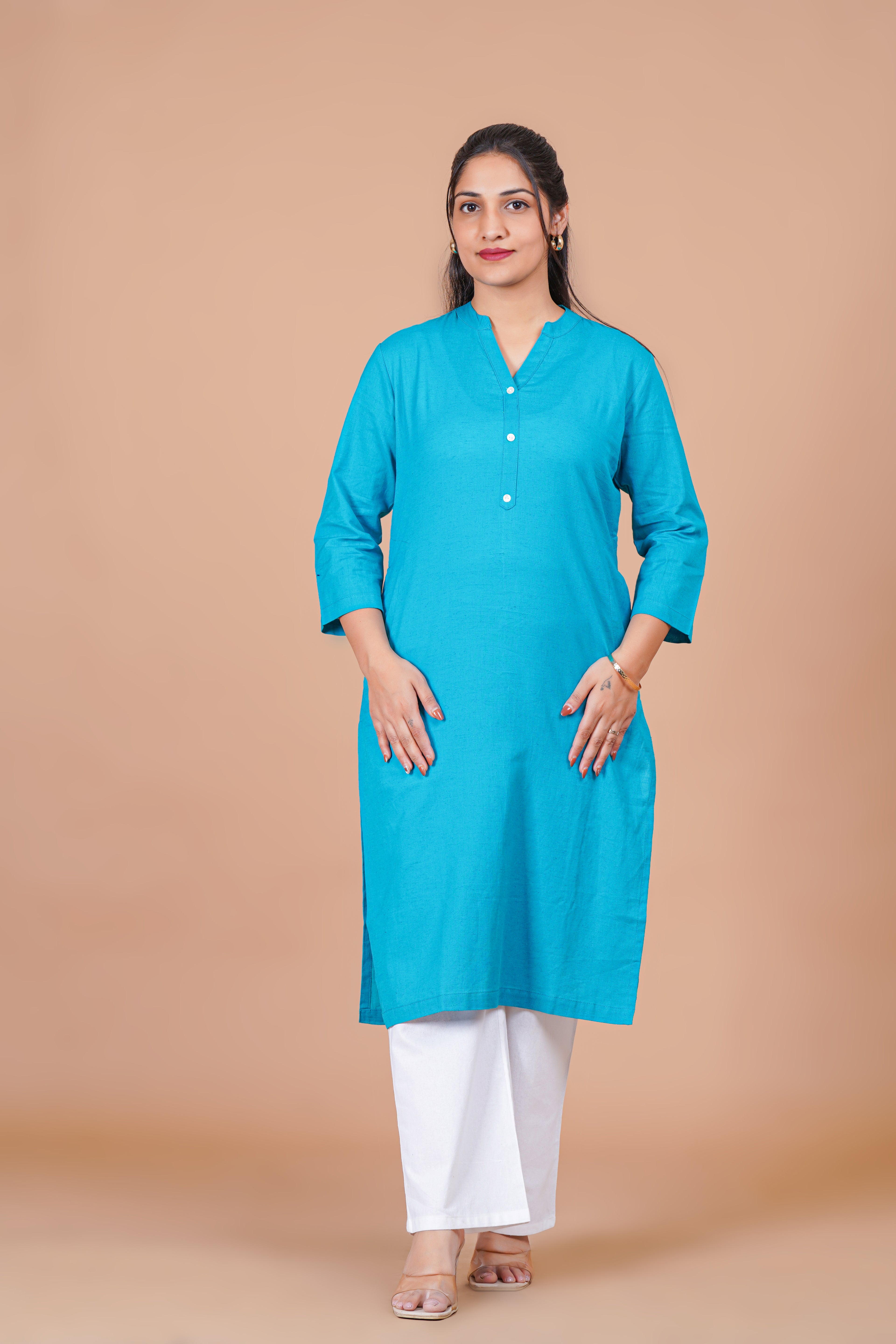 Teal Blue EasyFlow Linen Cotton Long Kurta