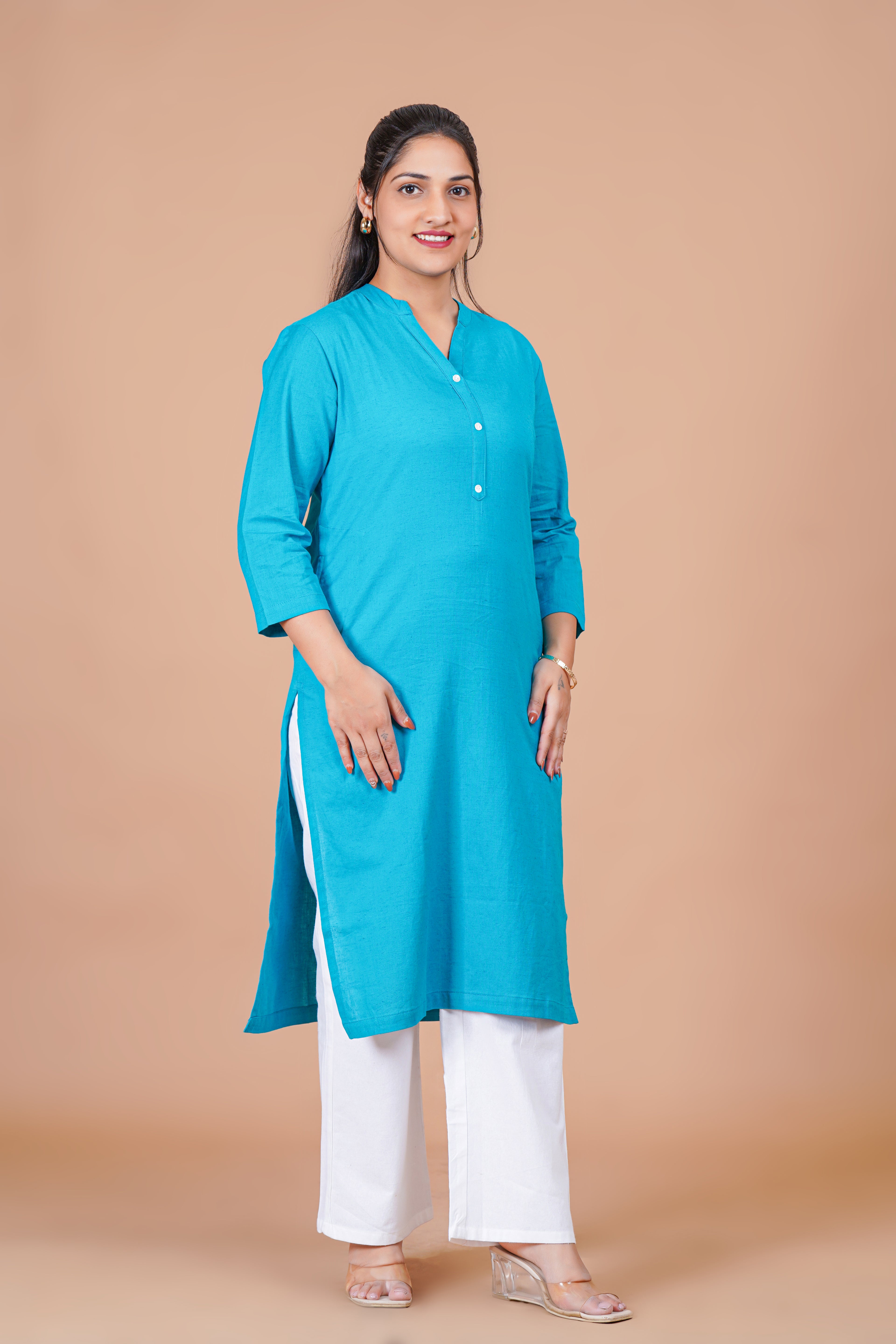 Teal Blue EasyFlow Linen Cotton Long Kurta