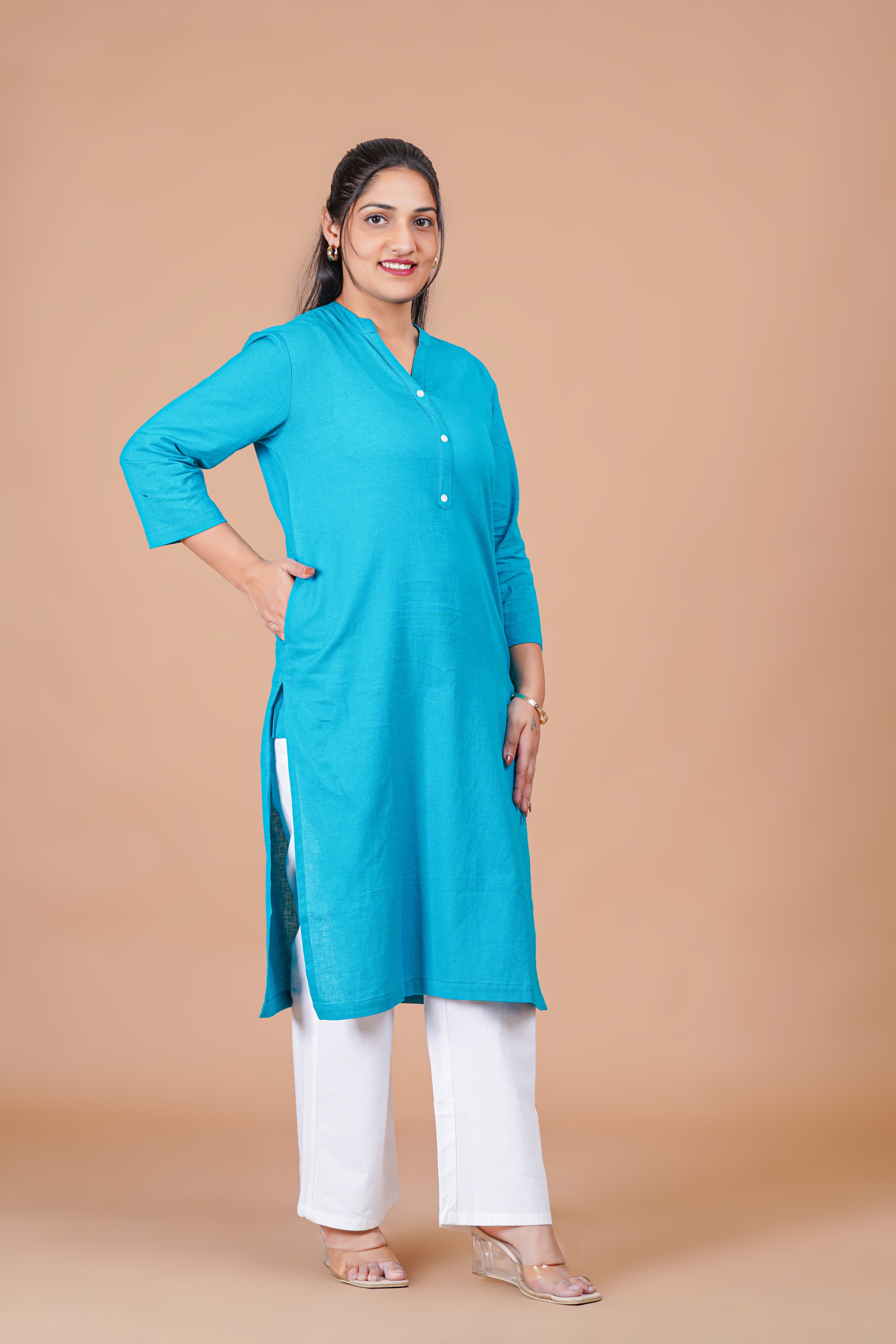 Teal Blue EasyFlow Linen Cotton Long Kurta