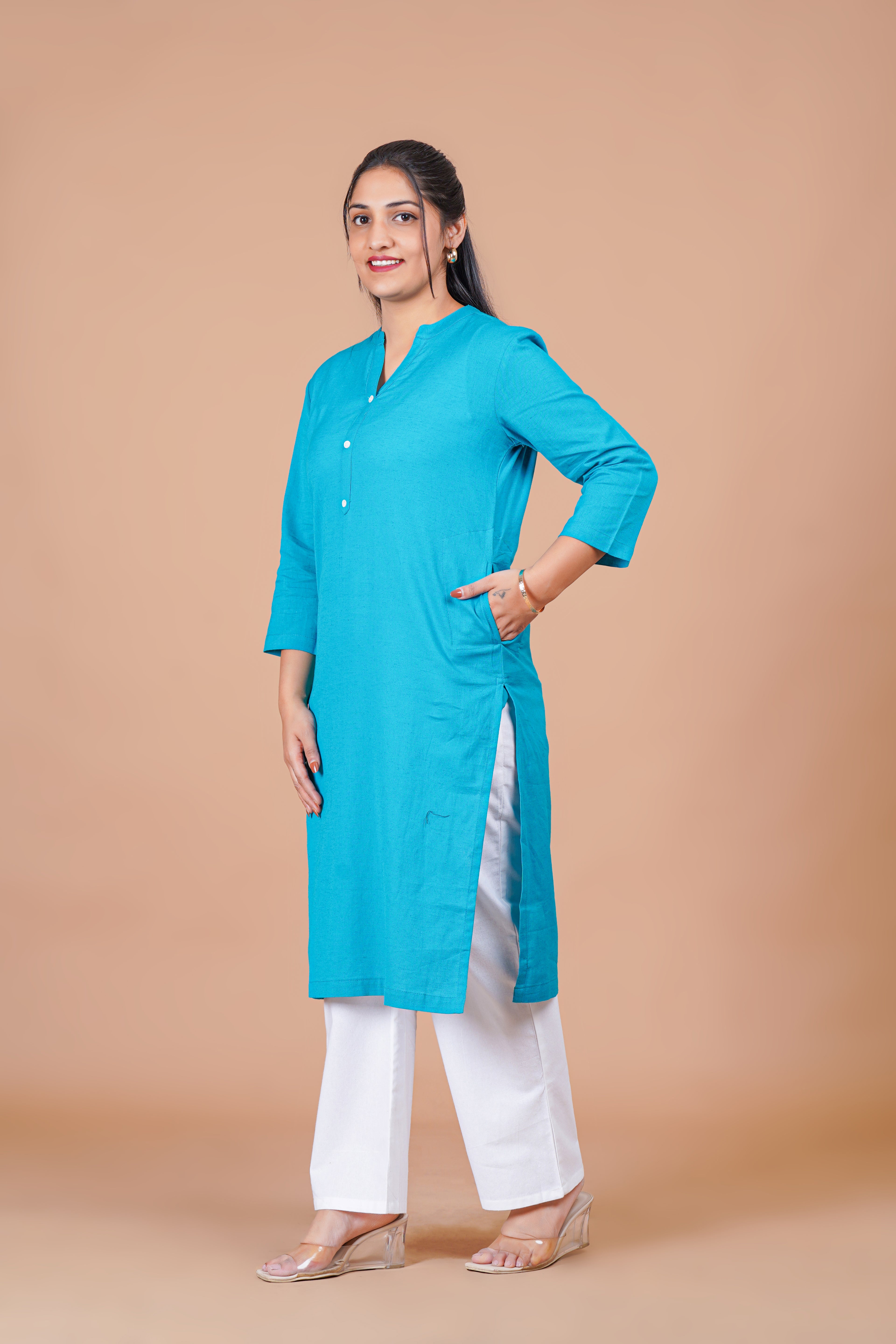 Teal Blue EasyFlow Linen Cotton Long Kurta