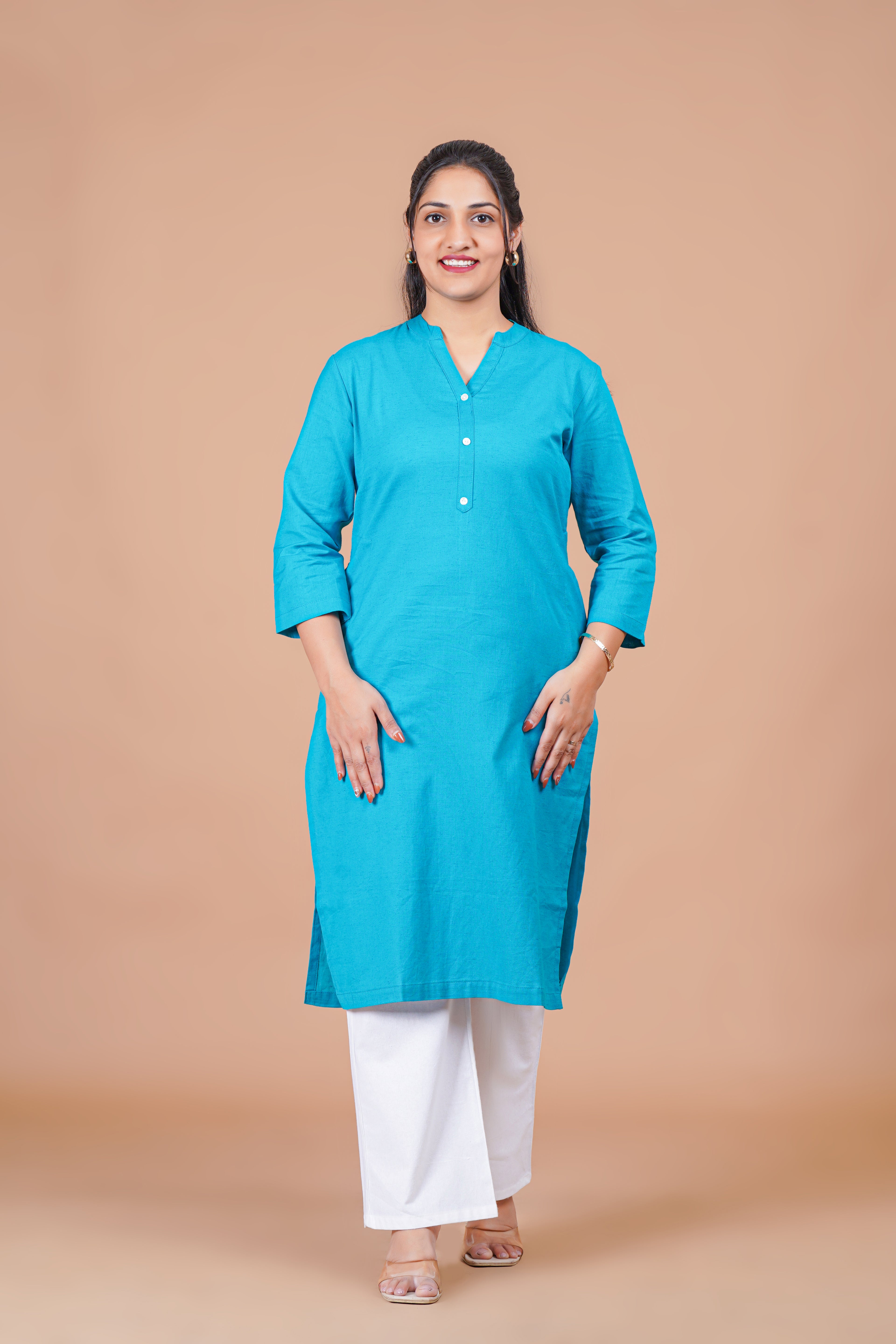 Teal Blue EasyFlow Linen Cotton Long Kurta