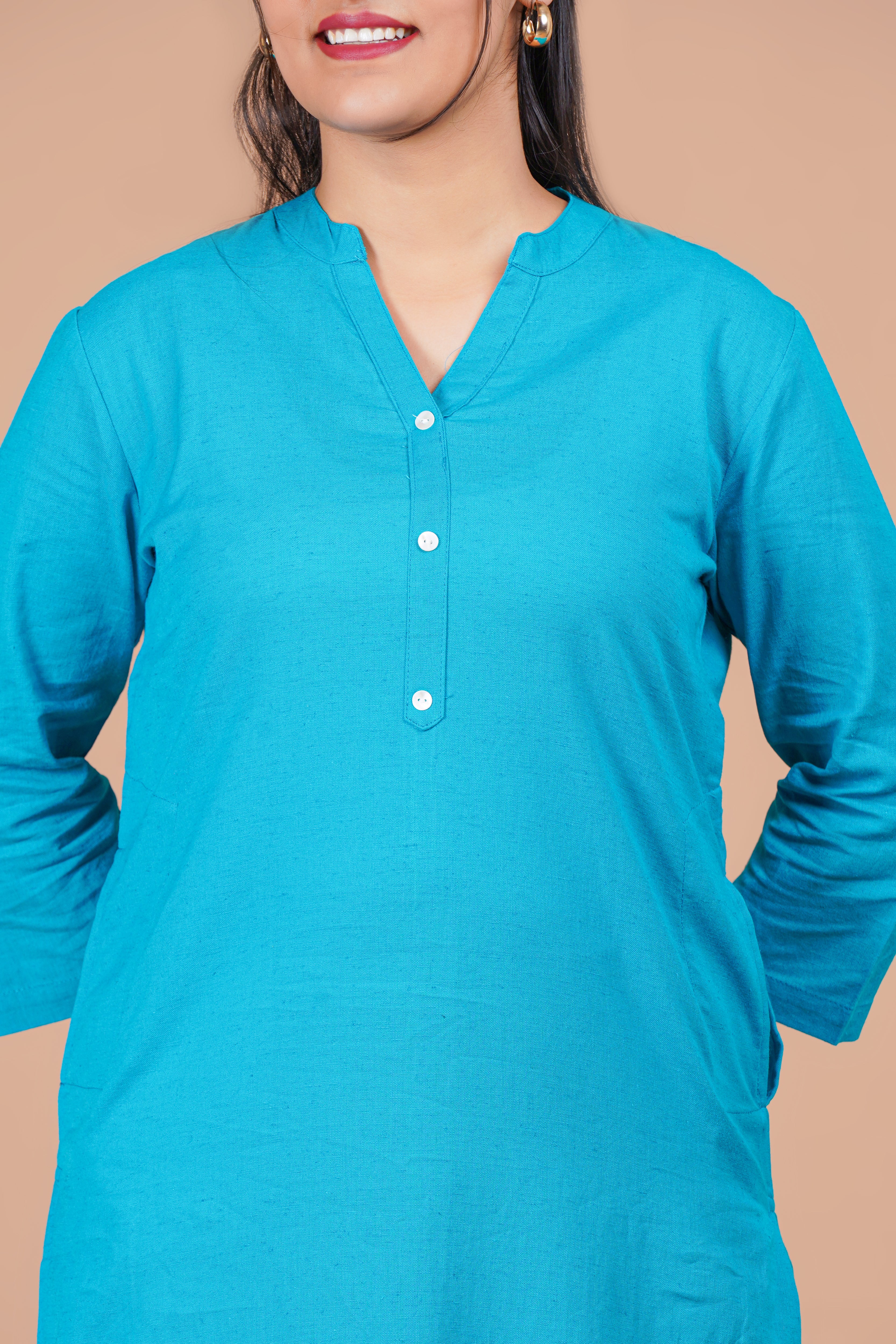 Teal Blue EasyFlow Linen Cotton Long Kurta