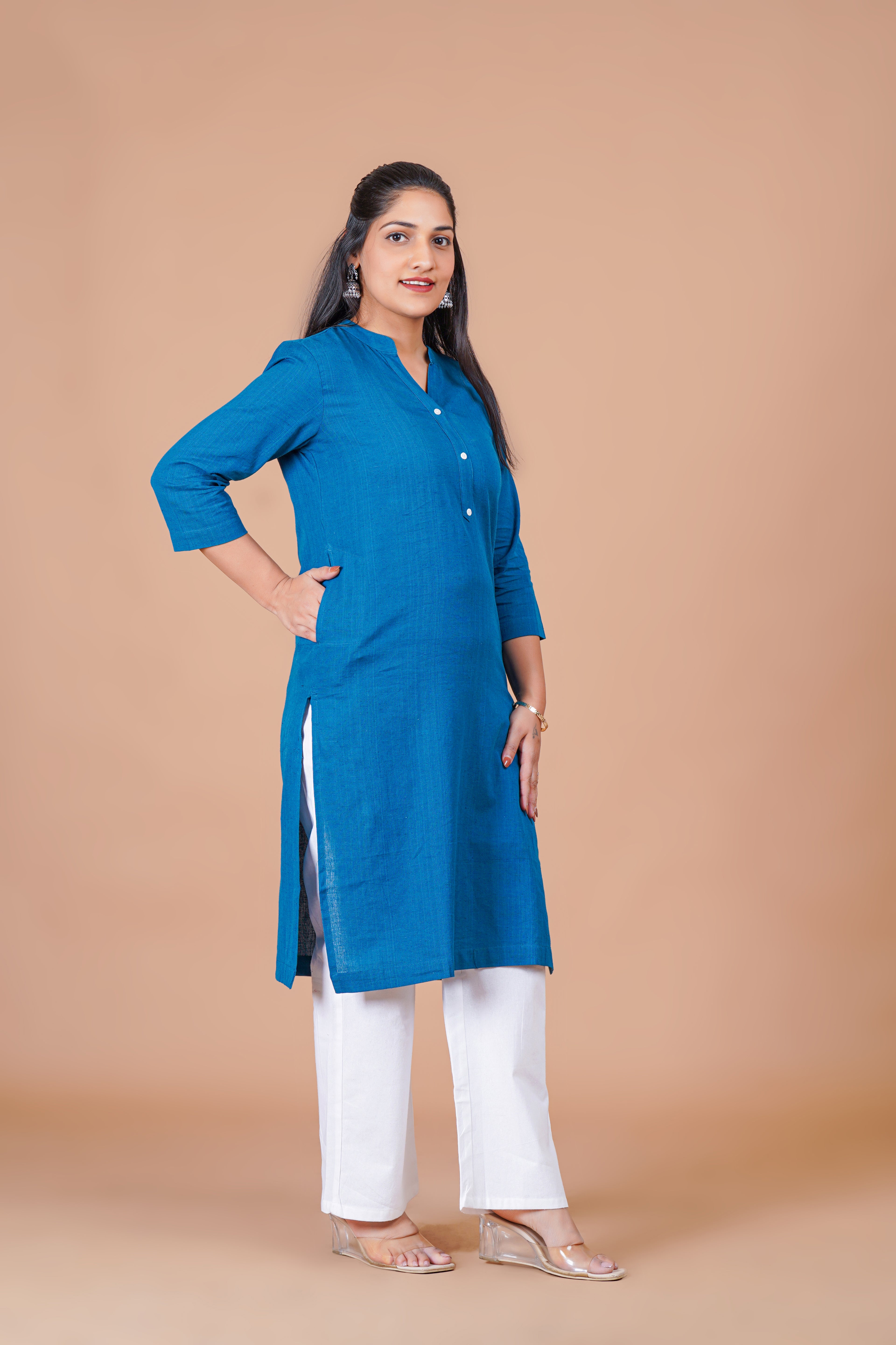 Turquoise  EasyFlow Linen Cotton Long Kurta