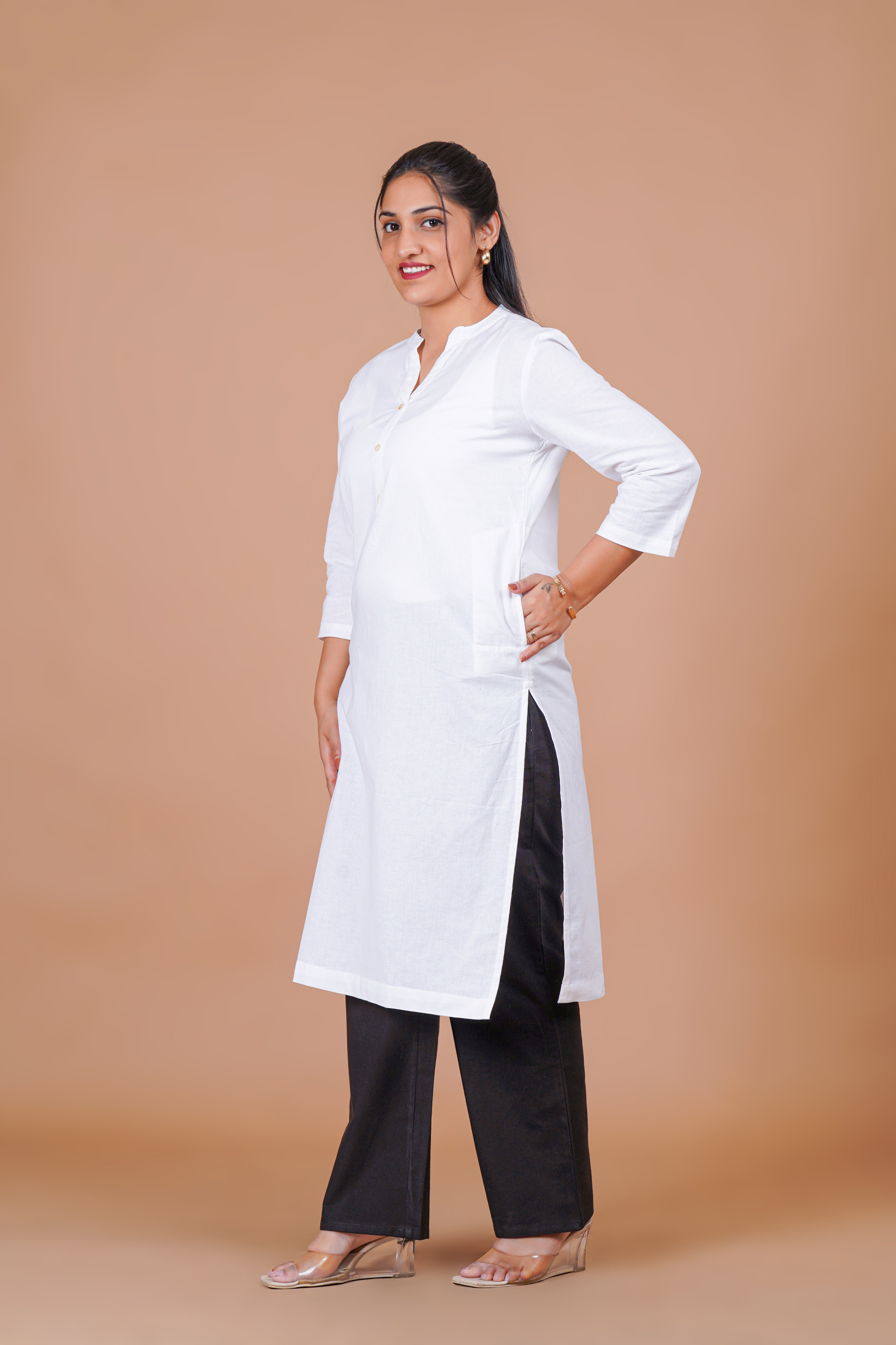 White EasyFlow Linen Cotton Long Kurta