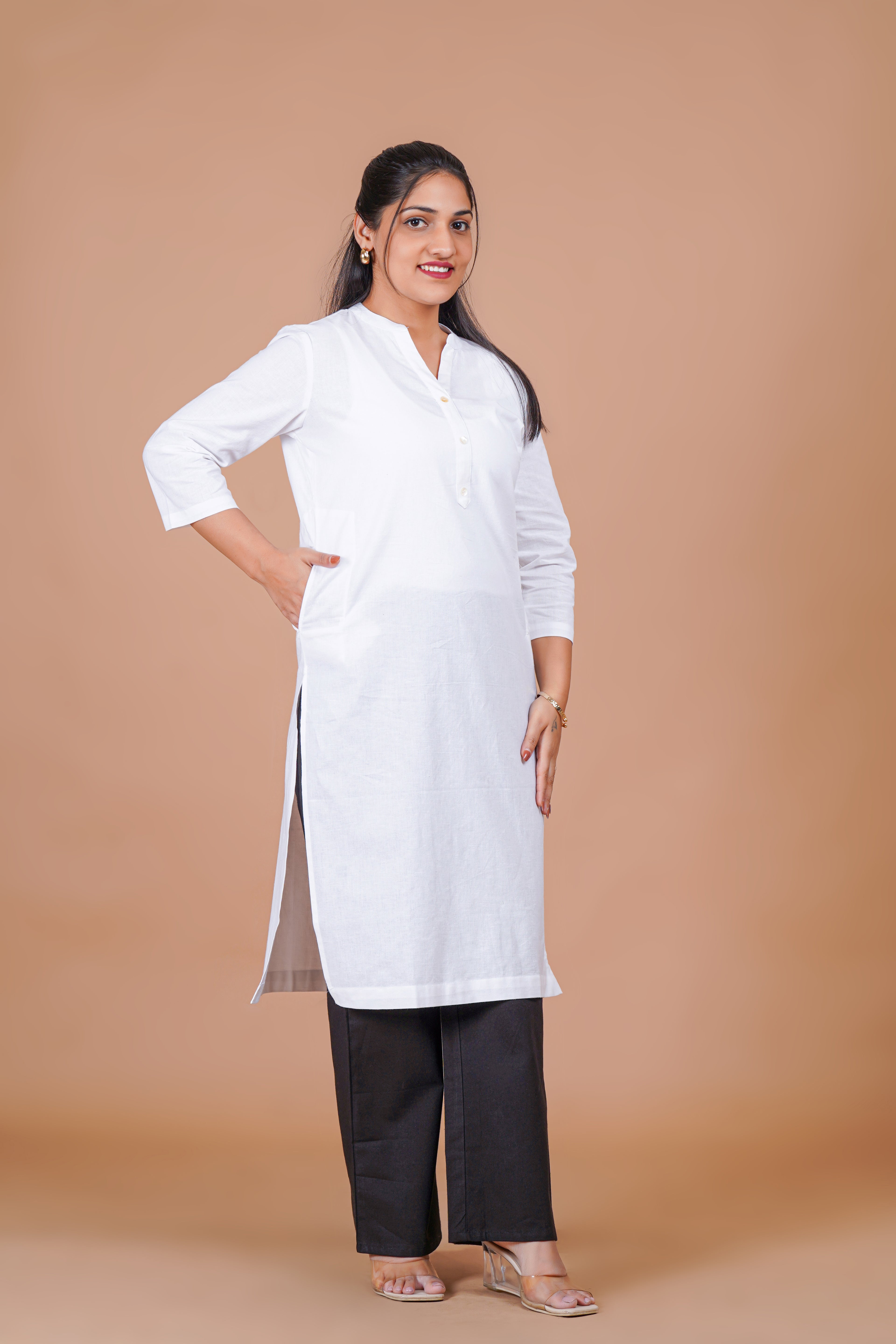 White EasyFlow Linen Cotton Long Kurta
